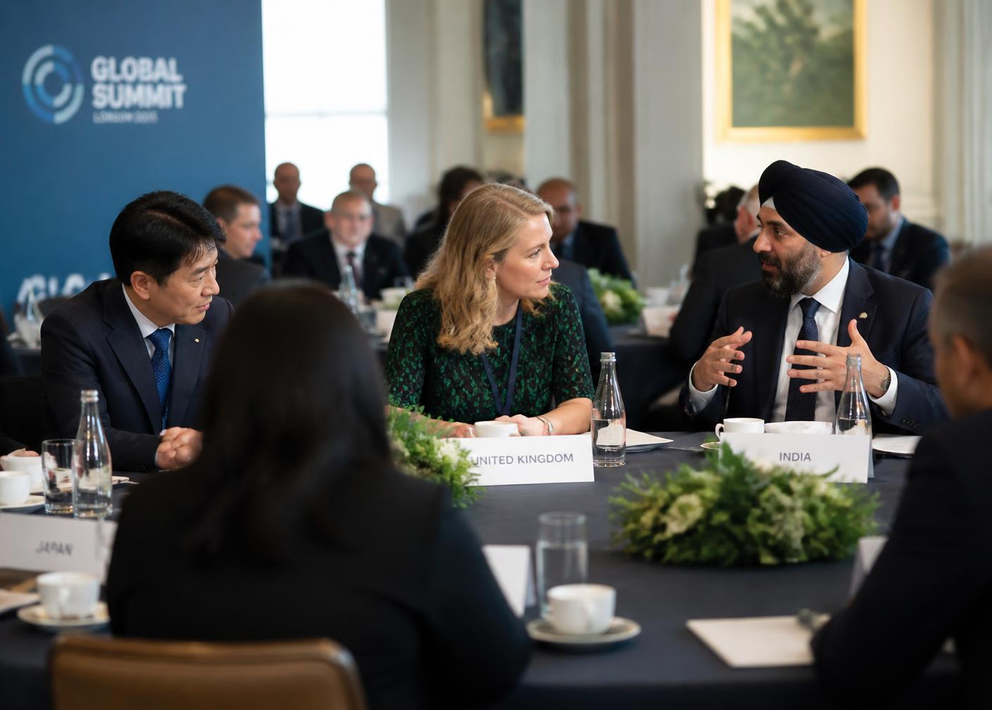 Delegates in discussion at an international summit round table